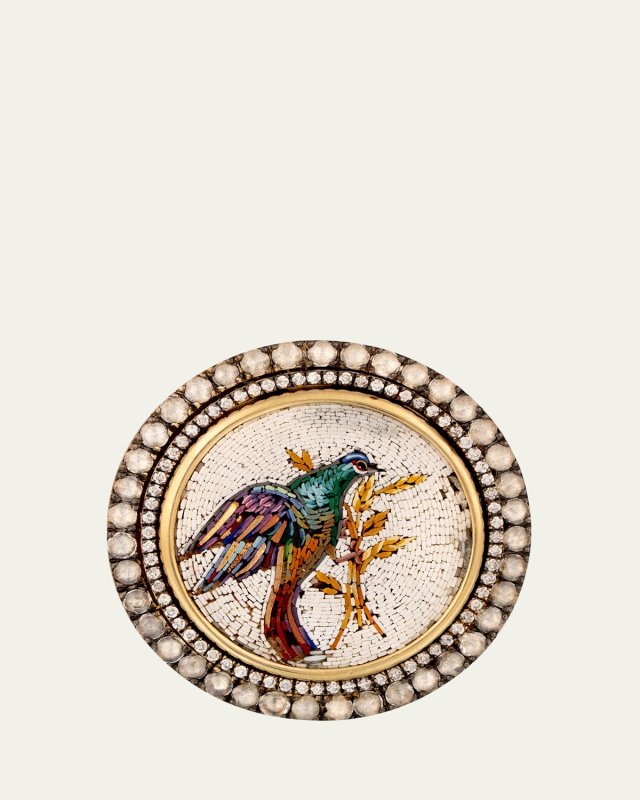 18K Yellow Gold Round Micro Mosaic Ring with Bird Motif and Diamonds
